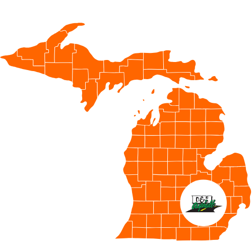 An orange silhouette map of Michigan with a circular "DETJ Jaguars" logo in the lower right corner—perfect for contact details or team branding.