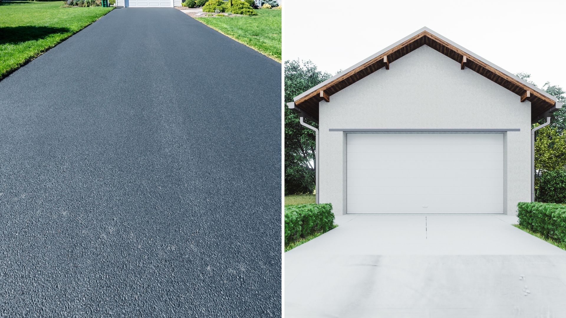 Split image: showing an asphalt driveway and concrete driveway